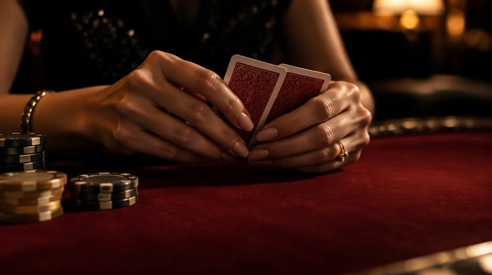 Baccarat cards being squeezed over an oxblood felt table