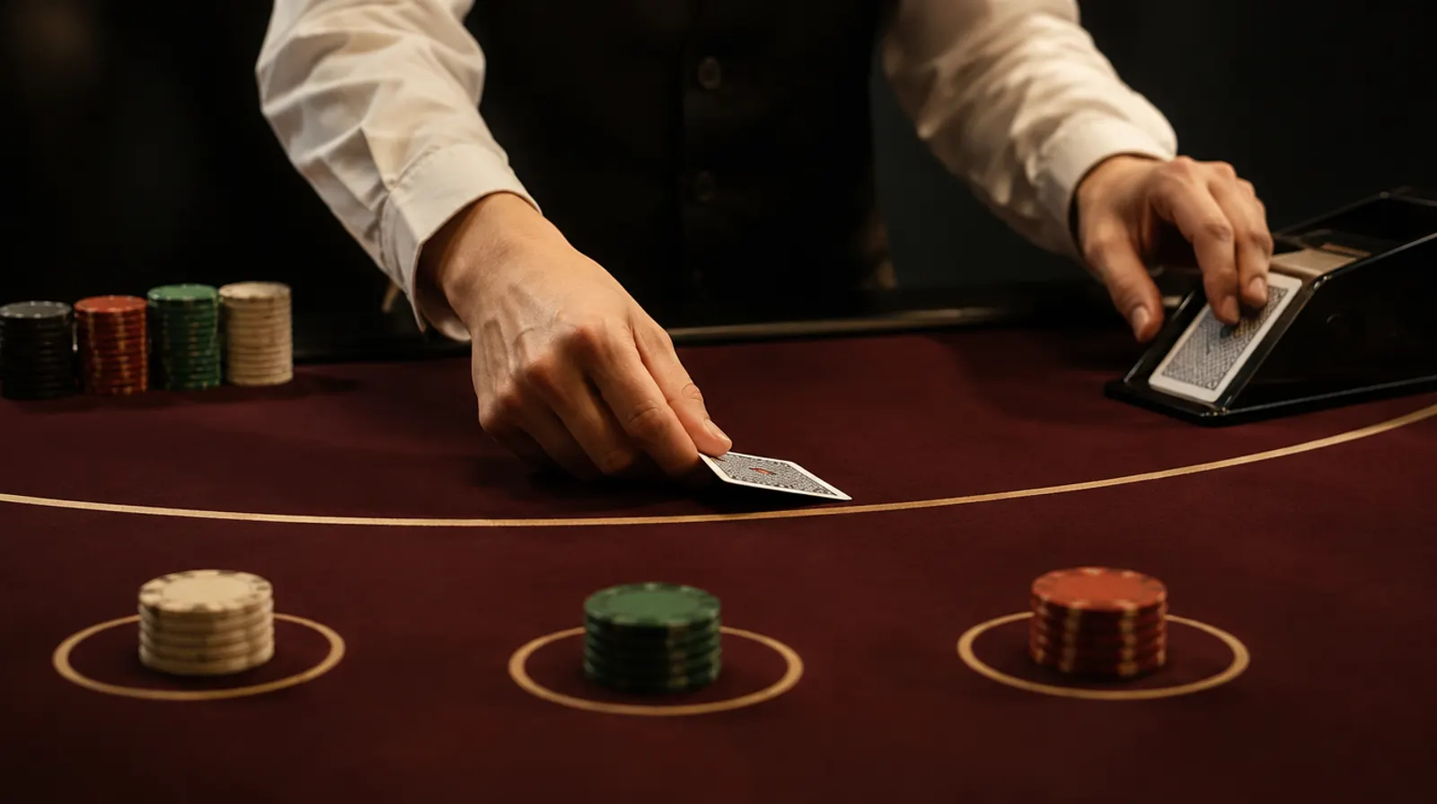 A dealer's hands drawing a card from the shoe at a live blackjack table