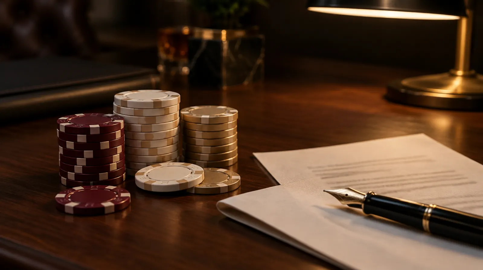 Casino chips beside a printed terms document and a pen
