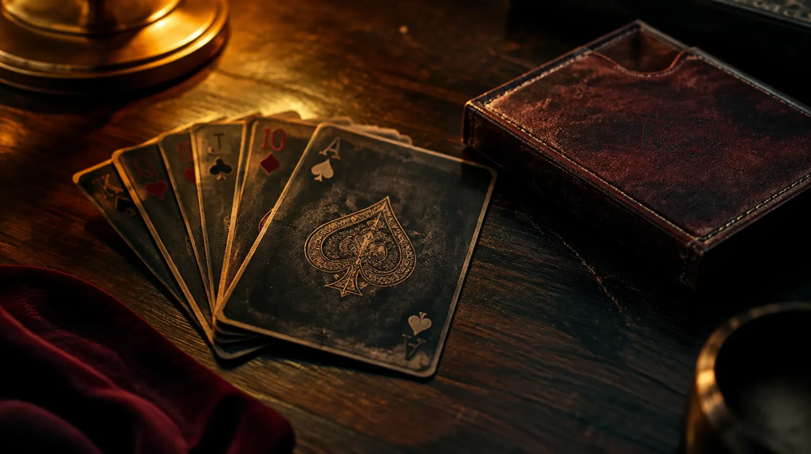 Vintage playing cards fanned on a wooden table