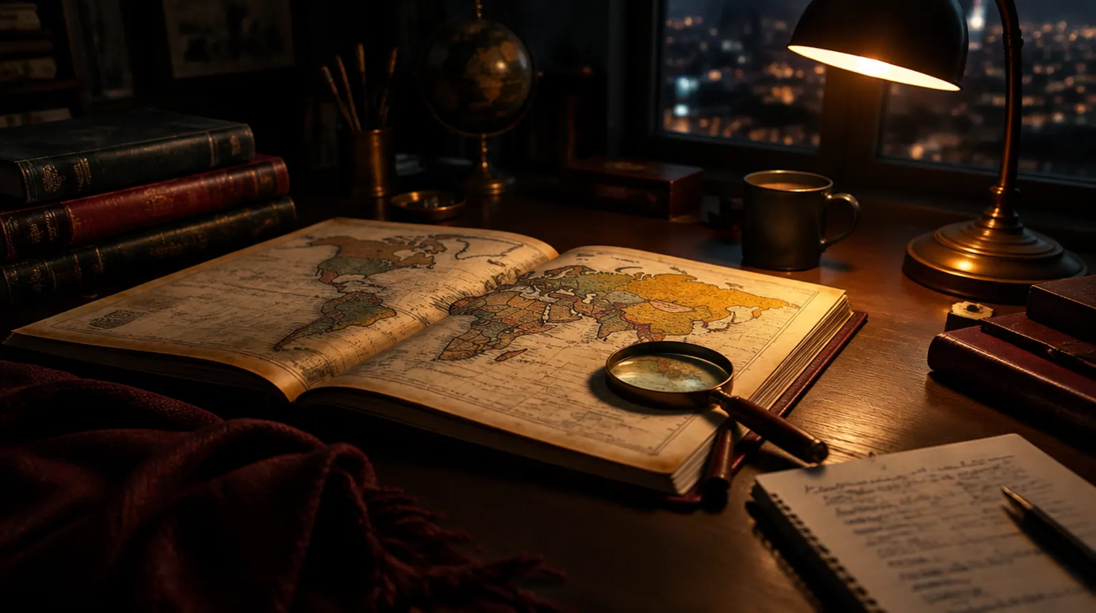 An open atlas and a magnifying glass on a desk
