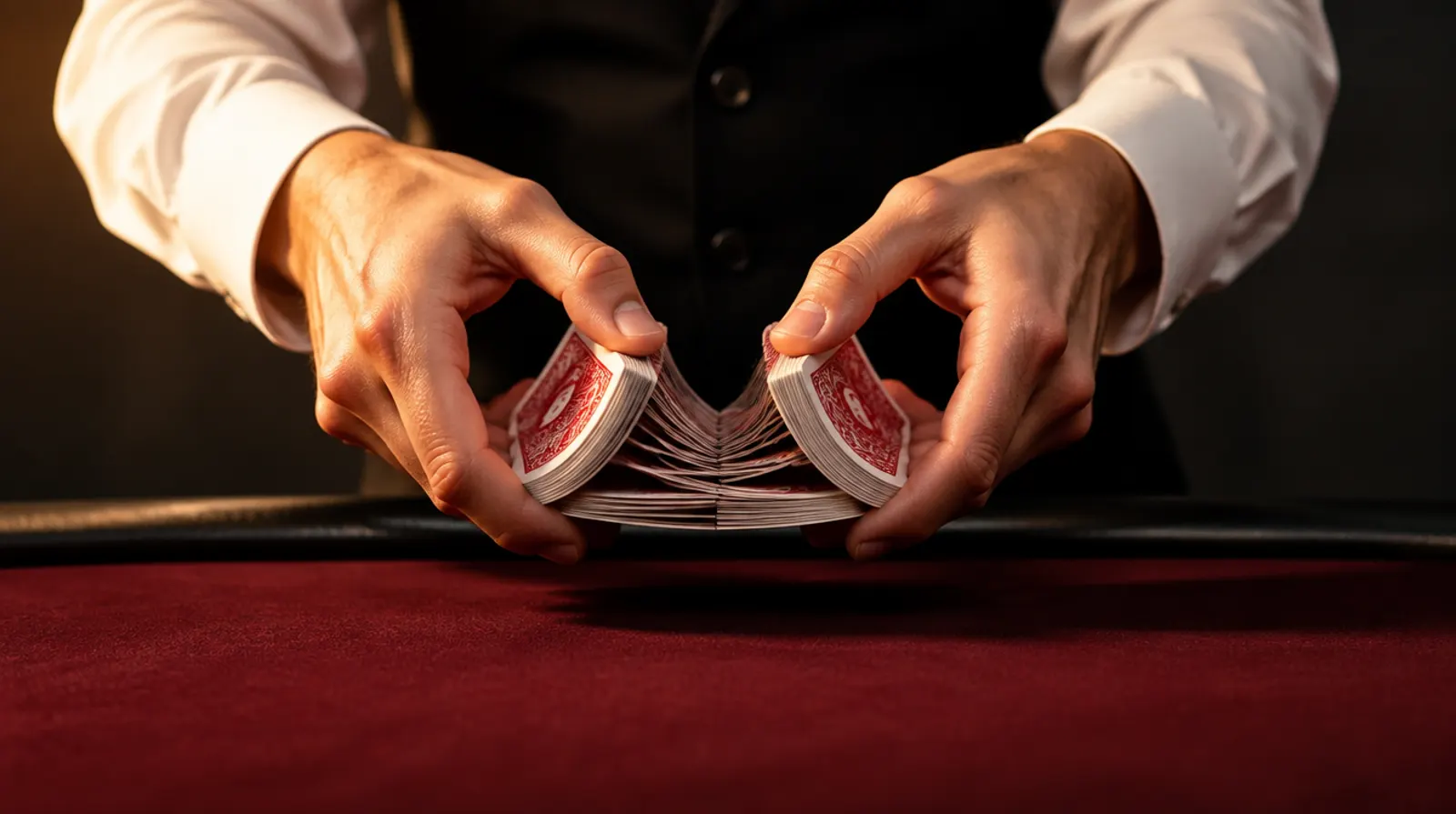 A dealer's hands shuffling a deck over a felt table