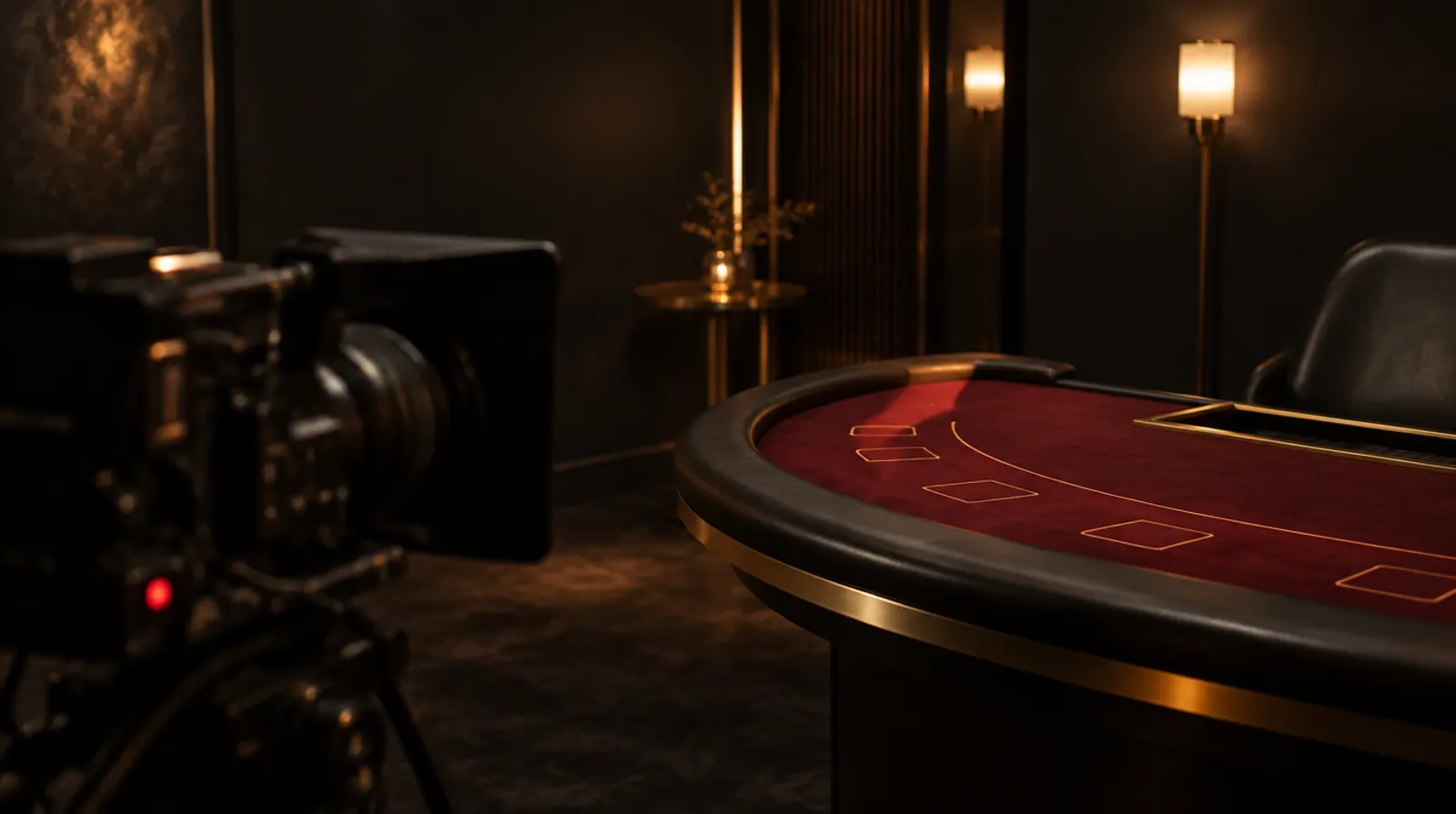 A broadcast camera in front of a live dealer table in a dimly lit studio