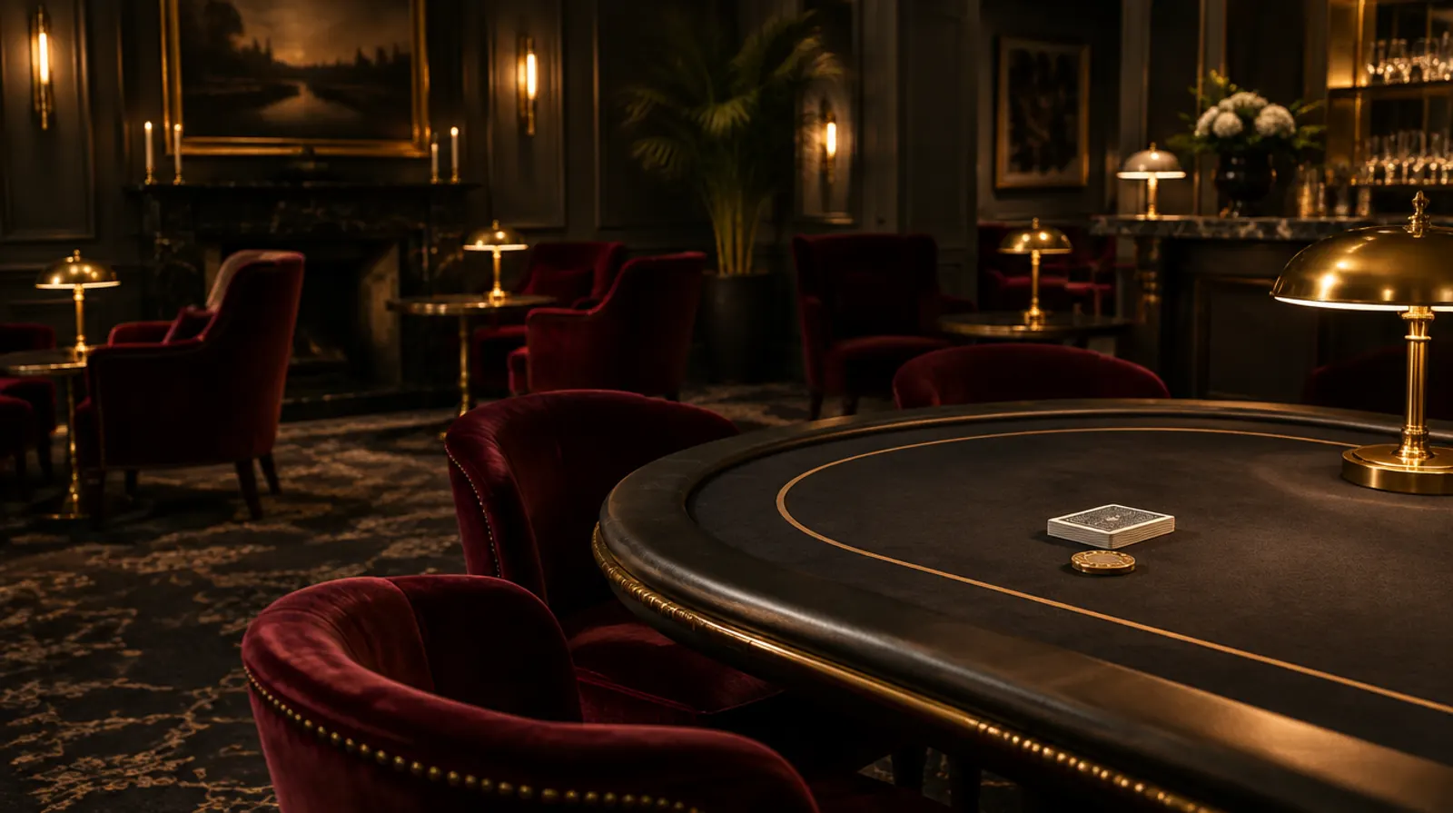 An empty card table in an evening casino lounge