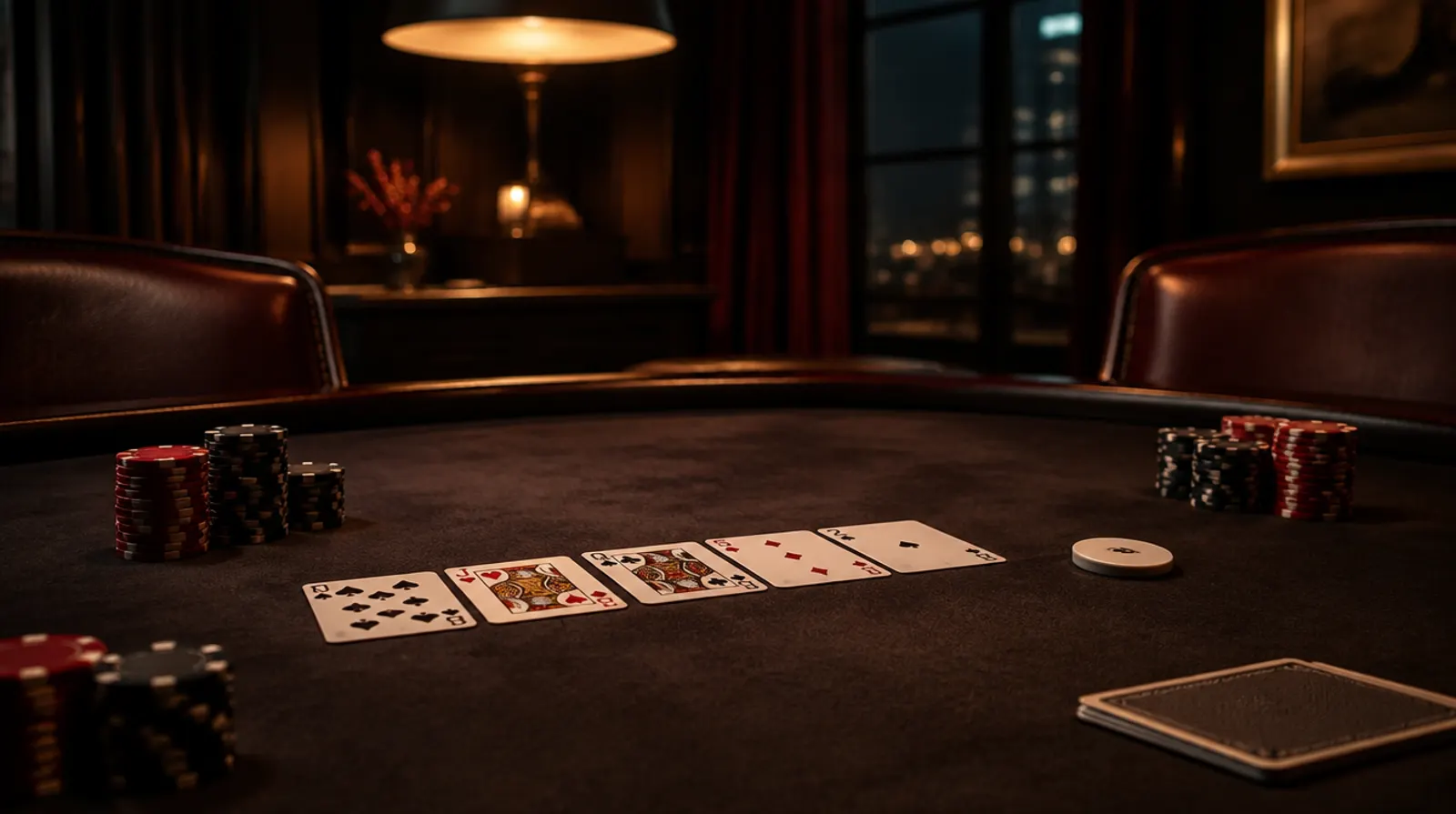 Community cards and chip stacks on a poker table