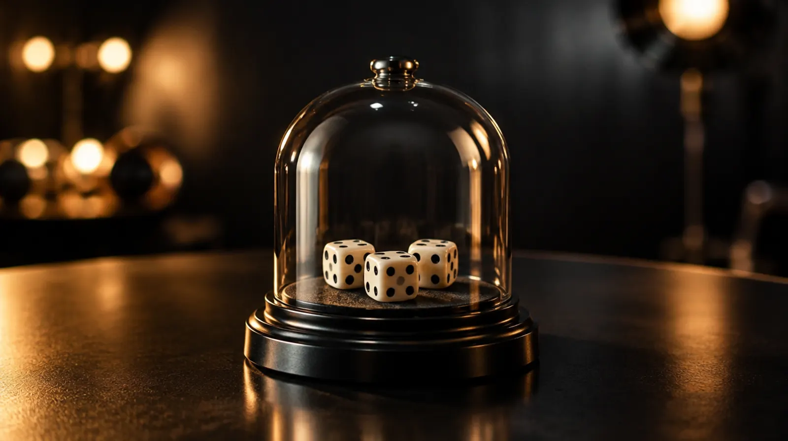 Three dice under a glass sic bo shaker