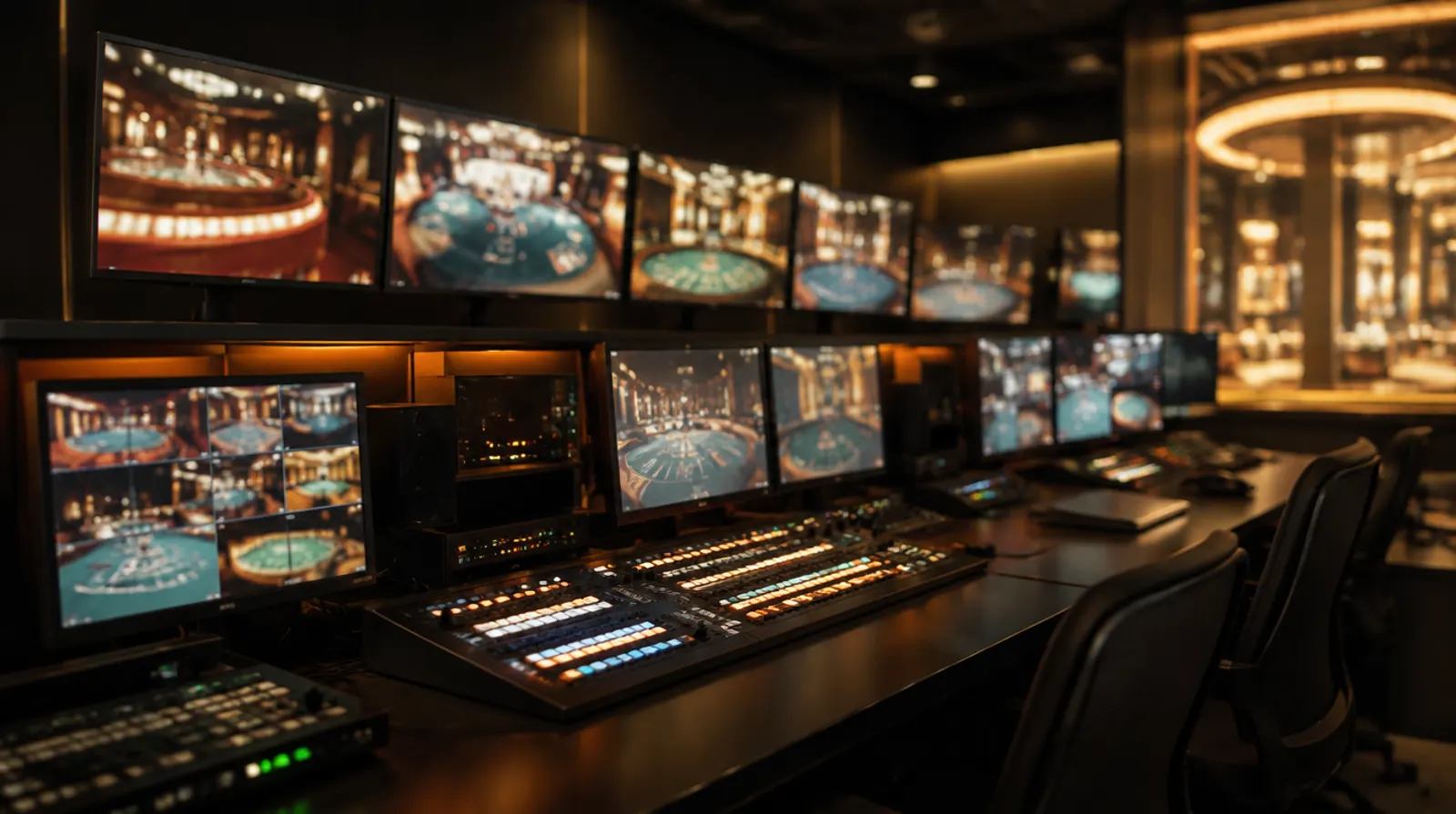 A live casino control room with monitors showing table feeds