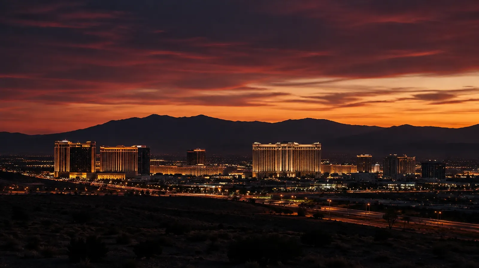 A desert resort city lit up at dusk